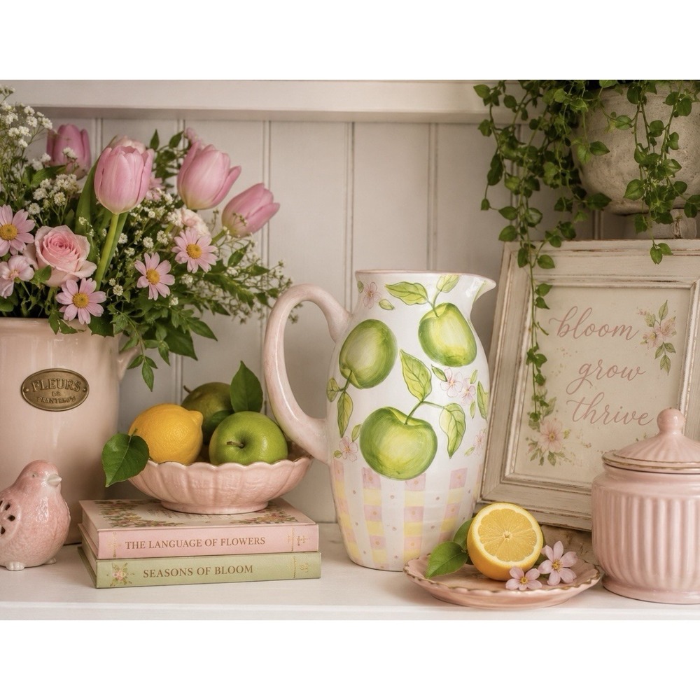 Zrike Tracy Porter Home Collection Hand Painted Pitcher Green Apple Spring Pink